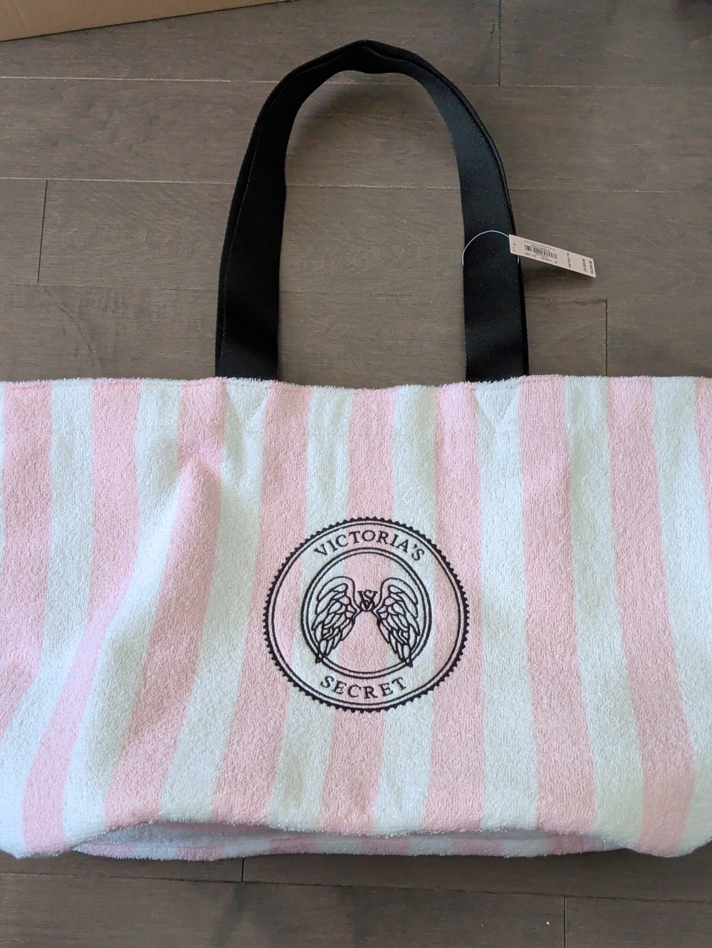 Victoria's Secret Pink & White Striped Tote with Black Handles